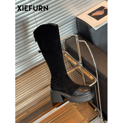 XIEFURN/鞋夫人秋冬顯瘦過膝長筒靴厚底粗跟辣妹風菸筒靴