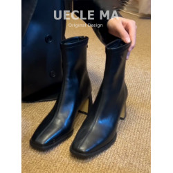 超軟小羊皮~巨好看靴子~高跟瘦瘦靴女秋冬新款馬丁靴粗跟氣質短靴