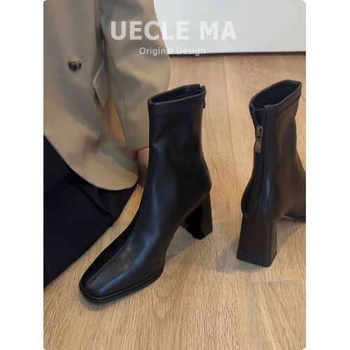 超軟小羊皮~巨好看靴子~高跟瘦瘦靴女秋冬新款馬丁靴粗跟氣質短靴