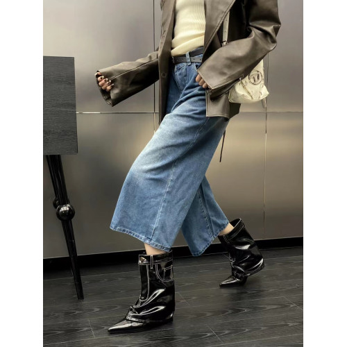 2024秋冬季新款褲琯短靴尖頭西部牛仔靴坡跟百搭時裝前拉鍊馬丁靴