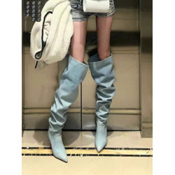 寬筒大筒圍牛仔堆堆靴子女2024年春秋新款尖頭高跟長靴細跟高筒靴