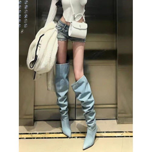 寬筒大筒圍牛仔堆堆靴子女2024年春秋新款尖頭高跟長靴細跟高筒靴