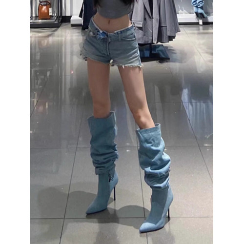 寬筒大筒圍牛仔堆堆靴子女2024年春秋新款尖頭高跟長靴細跟高筒靴