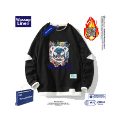 WASSUP Line潮牌假兩件衛衣男純棉情侶圓領學生上衣加絨加厚秋冬
