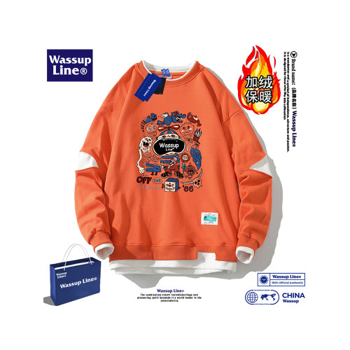 WASSUP Line潮牌假兩件衛衣男純棉情侶圓領學生上衣加絨加厚秋冬