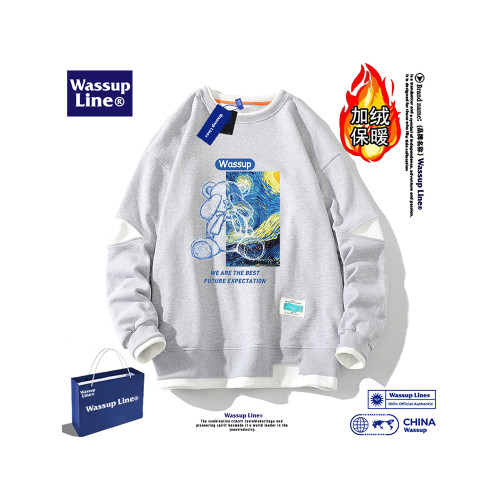 WASSUP Line潮牌假兩件衛衣男純棉情侶圓領學生上衣加絨加厚秋冬