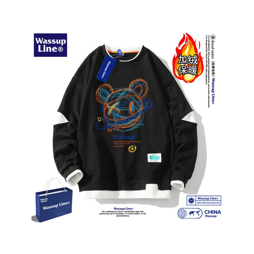 WASSUP Line潮牌假兩件衛衣男純棉情侶圓領學生上衣加絨加厚秋冬