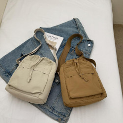 韓國chic小布包女斜背抽帶水桶包 日韓系文藝休閒百搭斜背小包