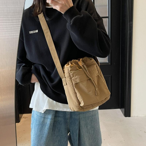 韓國chic小布包女斜背抽帶水桶包 日韓系文藝休閒百搭斜背小包