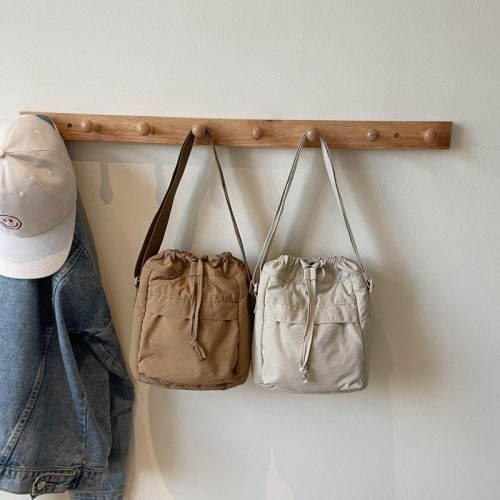 韓國chic小布包女斜背抽帶水桶包 日韓系文藝休閒百搭斜背小包