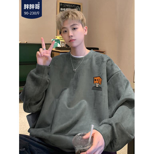 胖胖哥麂皮絨圓領衛衣男春季潮牌痞帥大碼寬鬆美式復古無帽外套 胖胖哥麂皮絨圓領衛衣男春季潮牌痞帥大碼寬鬆美式復古無帽外套