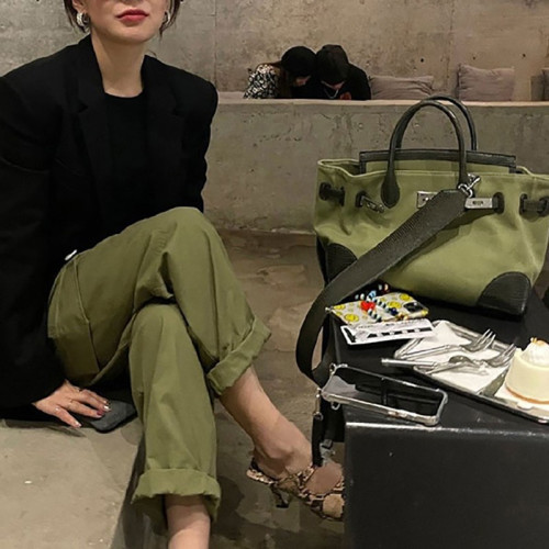 小衆ins鉑金凱莉包2023新款女包今年流行單肩包軍綠色斜背托特包