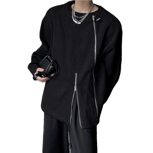 韓系金屬雙拉鍊設計感暗黑風圓領套頭衛衣男春秋小衆休閒寬鬆外套