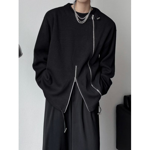 韓系金屬雙拉鍊設計感暗黑風圓領套頭衛衣男春秋小衆休閒寬鬆外套