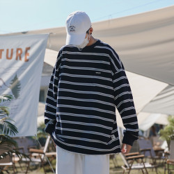 秋季休閒情侶款條紋長袖衛衣男ins簡約港味原宿風青少年套頭上衣