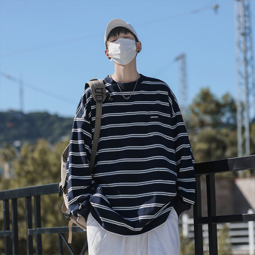 秋季休閒情侶款條紋長袖衛衣男ins簡約港味原宿風青少年套頭上衣