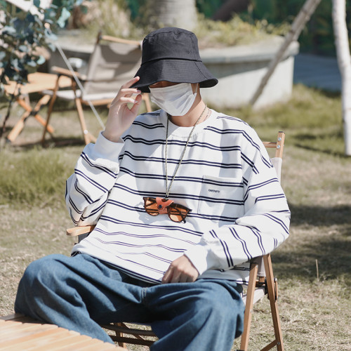 秋季休閒情侶款條紋長袖衛衣男ins簡約港味原宿風青少年套頭上衣