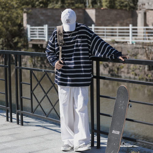 秋季休閒情侶款條紋長袖衛衣男ins簡約港味原宿風青少年套頭上衣