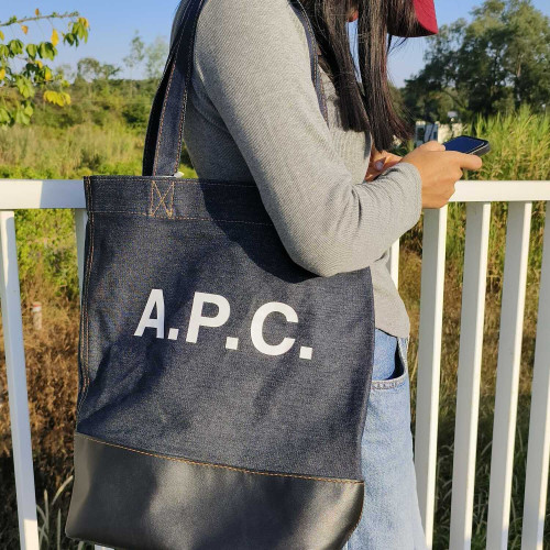 韓國新款APC牛仔拼接帆布包大容量學生通勤帆布袋單肩手提托特包