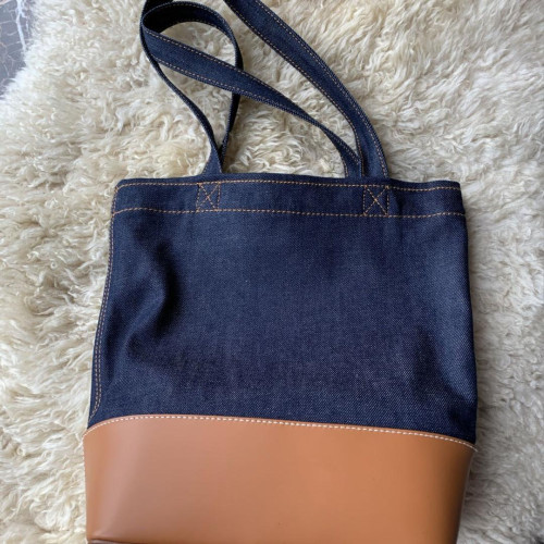 韓國新款APC牛仔拼接帆布包大容量學生通勤帆布袋單肩手提托特包