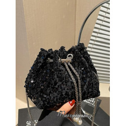 亮片包包女2025新款潮時尚珍珠鍊條水桶包百搭手提單肩斜背晚宴包