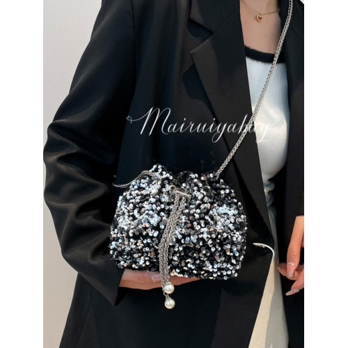 亮片包包女2025新款潮時尚珍珠鍊條水桶包百搭手提單肩斜背晚宴包 亮片包包女2025新款潮時尚珍珠鍊條水桶包百搭手提單肩斜背晚宴包