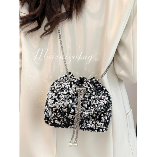 亮片包包女2025新款潮時尚珍珠鍊條水桶包百搭手提單肩斜背晚宴包 亮片包包女2025新款潮時尚珍珠鍊條水桶包百搭手提單肩斜背晚宴包