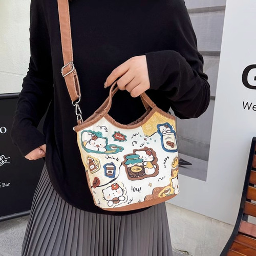 HelloKitty插畫包包女可愛卡通小狗手拎水桶包休閒百搭單肩斜後後背包