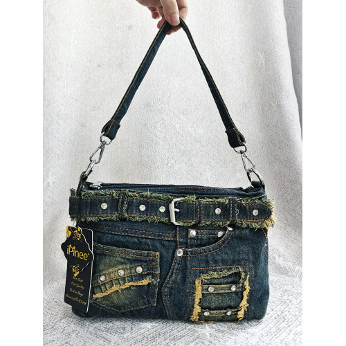 iPinee原創復古懷舊水洗牛仔布腋下包鑲鑽牛仔褲造型手提斜背女包