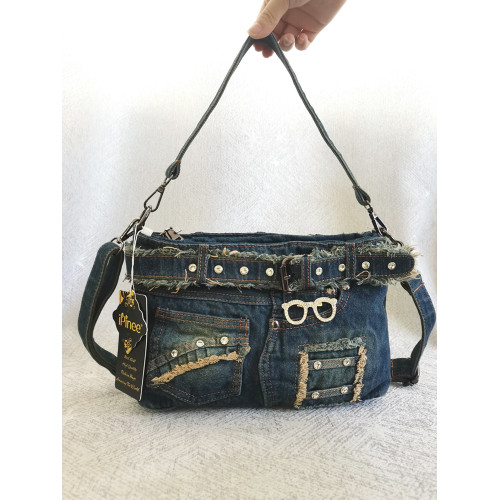 iPinee原創復古懷舊水洗牛仔布腋下包鑲鑽牛仔褲造型手提斜背女包