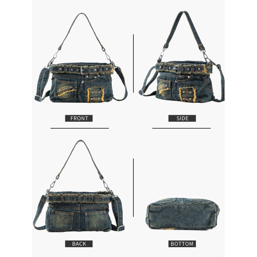 iPinee原創復古懷舊水洗牛仔布腋下包鑲鑽牛仔褲造型手提斜背女包