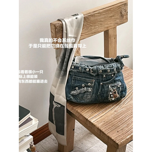 iPinee原創復古懷舊水洗牛仔布腋下包鑲鑽牛仔褲造型手提斜背女包