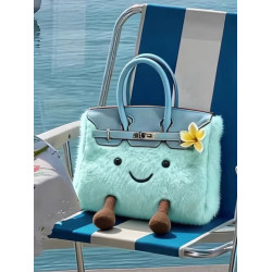 ZRVR冬季限定新款藍色毛絨包bk小精靈手提鉑金包大容量單肩斜後後背包