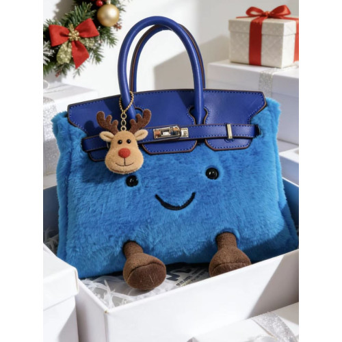 ZRVR冬季限定新款藍色毛絨包bk小精靈手提鉑金包大容量單肩斜後後背包