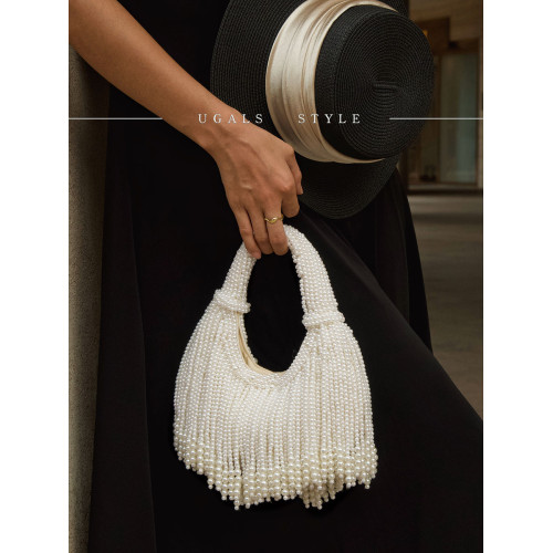 UGALS法式復古高級感重工手工編織串珍珠流蘇餃子托特宴會手拿包
