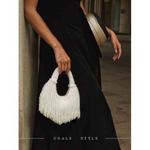 UGALS法式復古高級感重工手工編織串珍珠流蘇餃子托特宴會手拿包