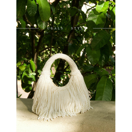 UGALS法式復古高級感重工手工編織串珍珠流蘇餃子托特宴會手拿包