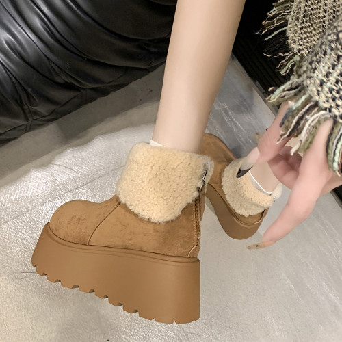 厚底增高雪地靴女2026新款冬季加絨保暖毛毛短靴時尚醜萌大頭棉鞋