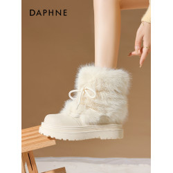 達芙妮雪地靴女款2025新款冬季加絨防滑棉鞋厚底增高東北毛毛短靴