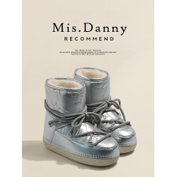 Misdanny~防水防滑雪地靴女2025冬軟底銀色月亮短靴加絨加厚棉鞋