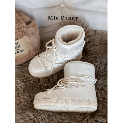 Misdanny~防水防滑雪地靴女2025冬軟底銀色月亮短靴加絨加厚棉鞋
