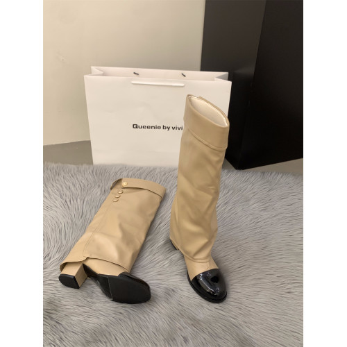 高跟拼接法式小香風長筒長靴女鞋2025秋冬季白色褲琯堆堆騎士靴子