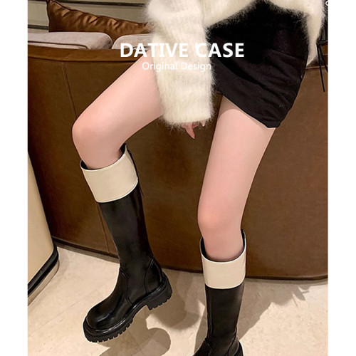 牛皮版~小香風拼色圓頭厚底高筒靴女秋冬後拉鍊不過膝長筒騎士靴 牛皮版~小香風拼色圓頭厚底高筒靴女秋冬後拉鍊不過膝長筒騎士靴