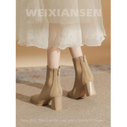 微先生美拉德風氣質高跟短靴女韓版瘦瘦靴女靴子女奶茶色粗跟短靴