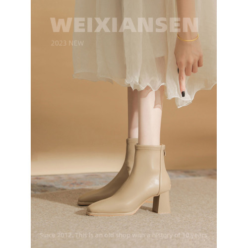 微先生美拉德風氣質高跟短靴女韓版瘦瘦靴女靴子女奶茶色粗跟短靴