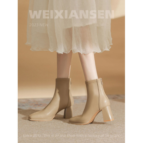 微先生美拉德風氣質高跟短靴女韓版瘦瘦靴女靴子女奶茶色粗跟短靴