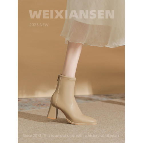 微先生美拉德風氣質高跟短靴女韓版瘦瘦靴女靴子女奶茶色粗跟短靴