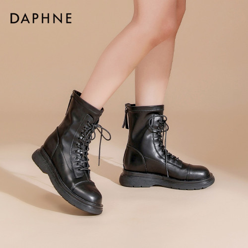 達芙妮馬丁靴女加絨瘦瘦靴女2025秋靴子女款休閒時尚女鞋系帶女靴