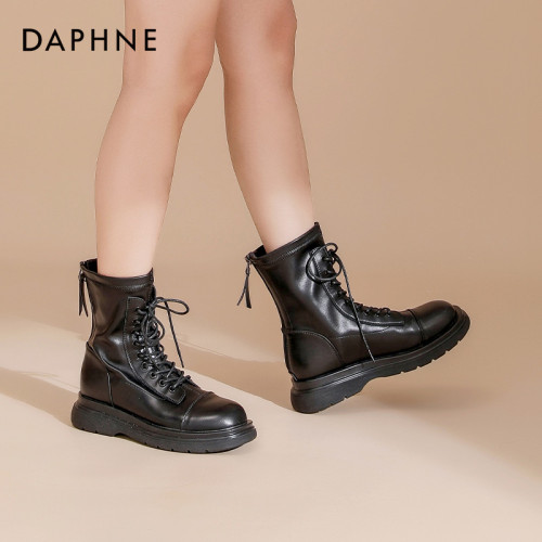 達芙妮馬丁靴女加絨瘦瘦靴女2025秋靴子女款休閒時尚女鞋系帶女靴