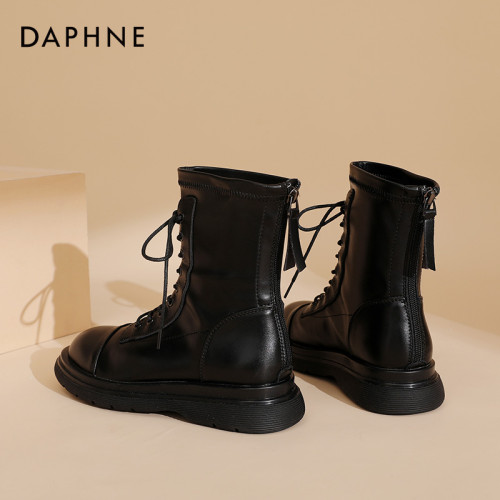 達芙妮馬丁靴女加絨瘦瘦靴女2025秋靴子女款休閒時尚女鞋系帶女靴